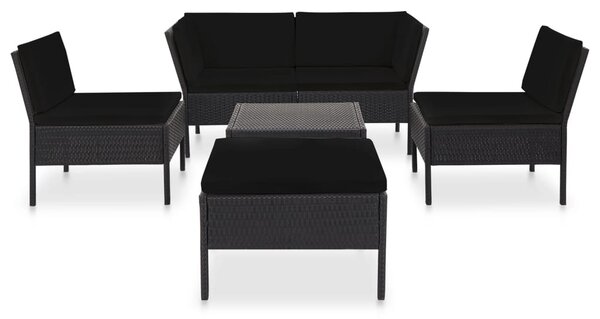 6-részes fekete polyrattan kerti bútorszett párnákkal
