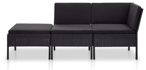 3 részes fekete polyrattan kerti ülőgarnitúra párnákkal