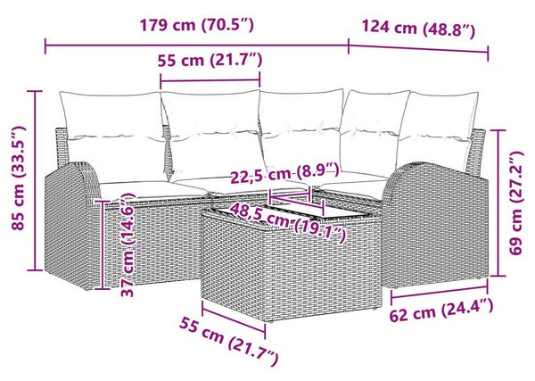 5 Darabos Kerti Kanapé Szett Párnákkal Bézs Poli Rattan