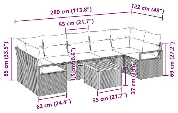 8 Darabos Kerti Kanapé Szett Párnákkal Fekete Poli Rattan Akácia, 2 Személyes Kerti Kanapé Párnákkal Fekete Poli Rattan