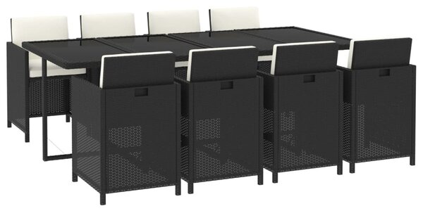 9 részes fekete polyrattan kerti étkezőgarnitúra párnákkal