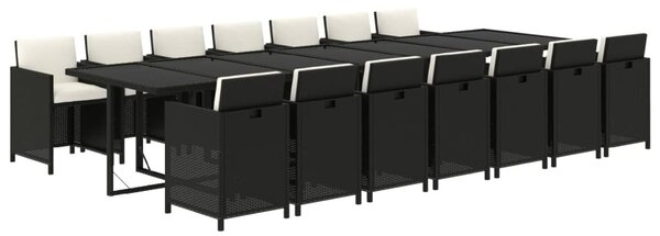 15 részes fekete polyrattan kerti étkezőgarnitúra párnákkal