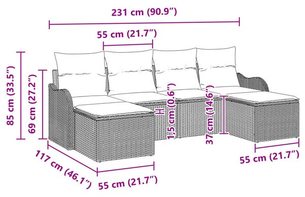 6 részes kert kanapé szett párnákkal Bézs poli rattan, 2-személyes kert kanapé párnákkal Bézs poli rattan