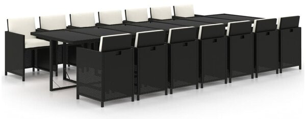 15 részes fekete polyrattan kerti étkezőgarnitúra párnákkal