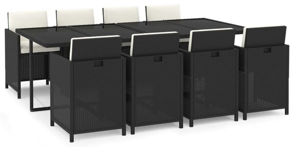 9 részes fekete polyrattan kerti étkezőgarnitúra párnákkal