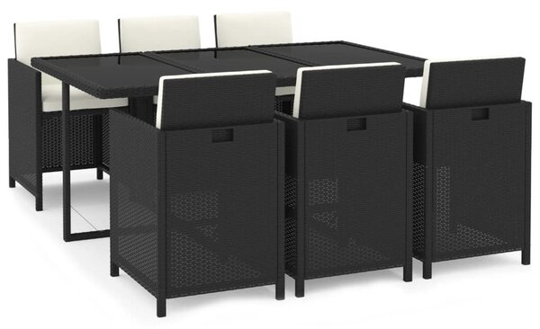7 részes fekete polyrattan kerti étkezőgarnitúra párnákkal