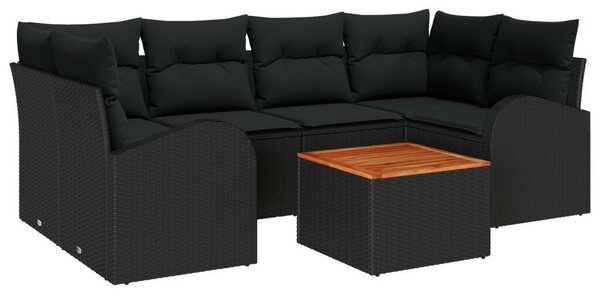 7 részes kerti kanapékészlet párnákkal Fekete Poli Rattan Akácia, 2 személyes kerti kanapé tárolóval és párnákkal Fekete Poli Rattan