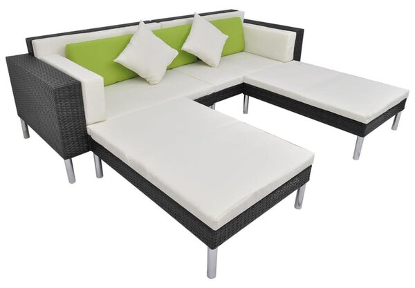 4-részes fekete polyrattan kerti bútorszett párnákkal