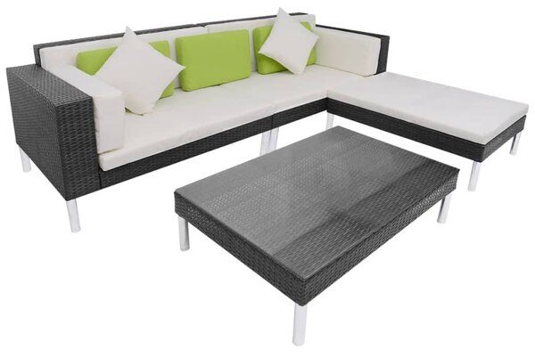 4-részes fekete polyrattan kerti bútorszett párnákkal