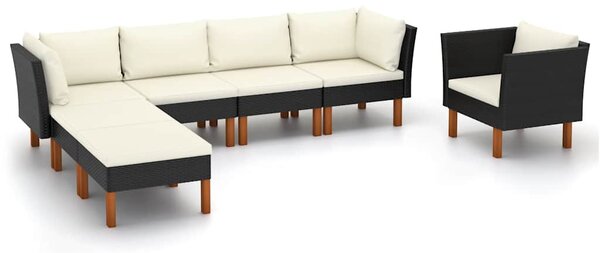 7 részes fekete polyrattan és eukaliptuszfa kerti ülőgarnitúra