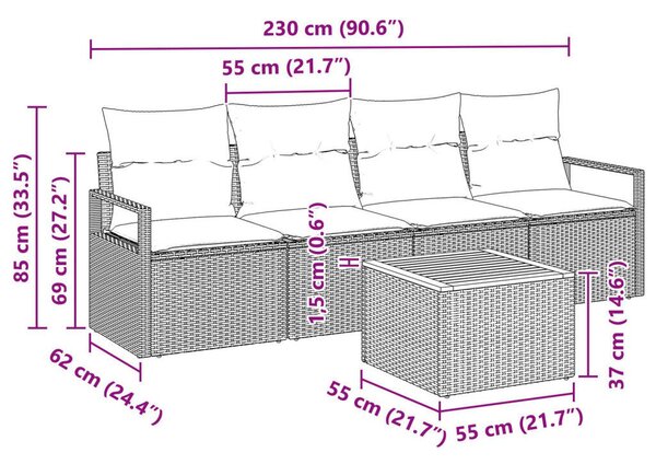 5 részes Kerti Kanapé Készlet párnákkal, Szürke Poli Rattan Akáciával, 2 személyes kerti kanapé párnákkal, Szürke Poli Rattan