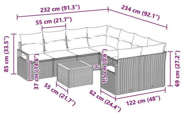 9 Darabos Kert Sofa Szett Párnákkal Bézs Poli Rattan Akác, Kétfős Kert Sofa Párnákkal Bézs Poli Rattan