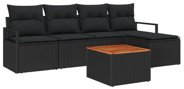 6 darabos kerti kanapé szett párnákkal fekete poli rattan akáccal, 2 személyes kerti kanapé tárolóval és párnákkal fekete poli rattan
