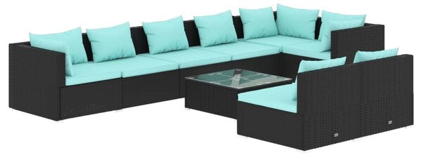 9 részes fekete polyrattan kerti ülőgarnitúra párnákkal