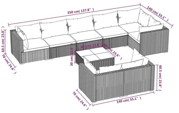9 részes fekete polyrattan kerti ülőgarnitúra párnákkal