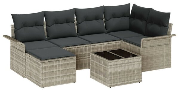 7 Részes Kert Kanapé Szett Párnákkal Szürke Poly Rattan, 2-Fős Kert Kanapé Tárolóval és Párnákkal Világosszürke Poly Rattan