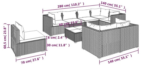 9 részes fekete polyrattan kerti ülőgarnitúra párnákkal