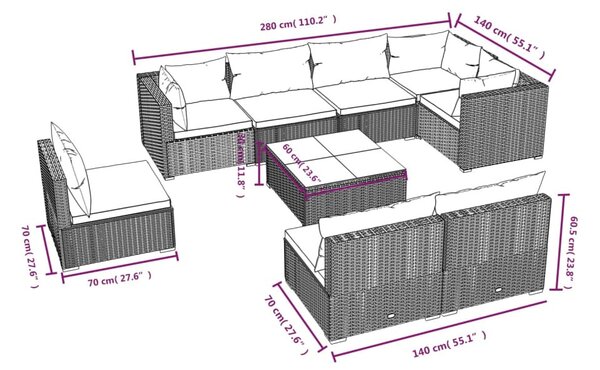 9 részes fekete polyrattan kerti ülőgarnitúra párnákkal
