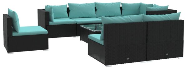 9 részes fekete polyrattan kerti ülőgarnitúra párnákkal