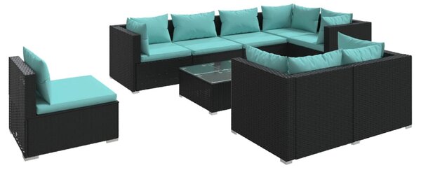 9 részes fekete polyrattan kerti ülőgarnitúra párnákkal