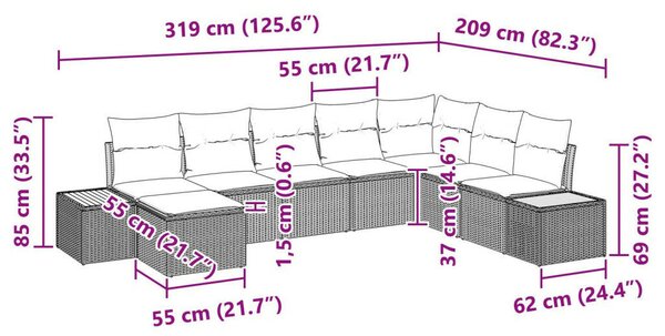 8 részes kerti kanapé szett párnákkal bézs poli rattan akácia