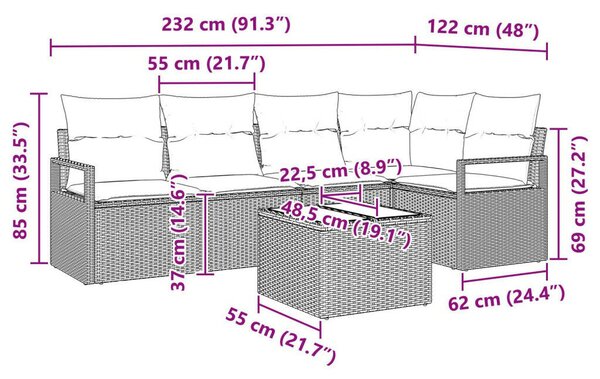 6 darabos kertibútor szett párnákkal szürke poli rattan, 2-fős kertibútor párnákkal szürke poli rattan