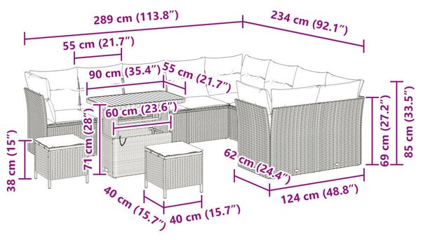 12 darabos kert kanapészett párnákkal fekete poli rattan akáccal, 3 darabos kert étkező szett párnákkal fekete poli rattan akáccal