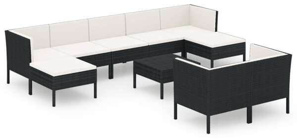 10 részes fekete polyrattan kerti ülőgarnitúra párnákkal