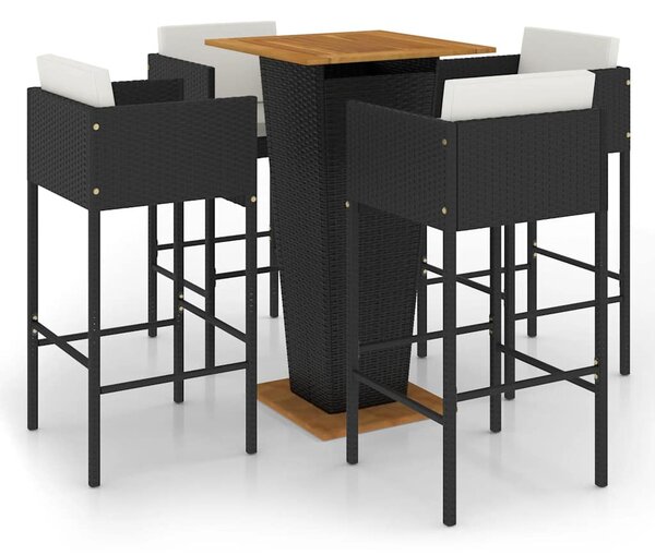 5 részes fekete polyrattan kerti bárszett párnákkal