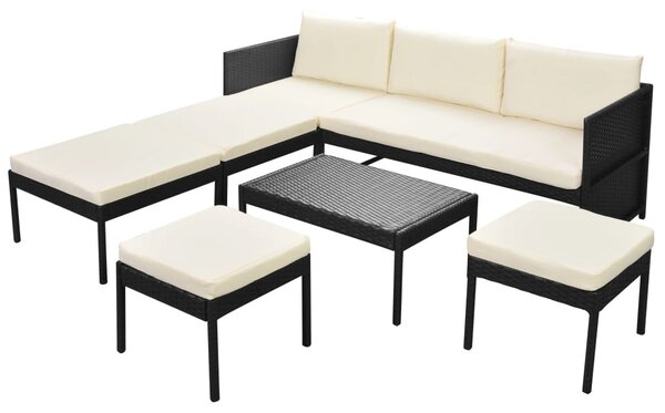 6-részes fekete polyrattan kerti bútorszett párnákkal