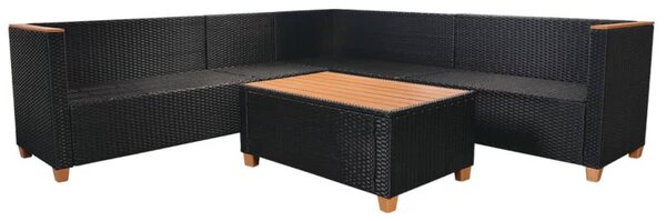 5-részes fekete polyrattan kerti bútorszett párnákkal