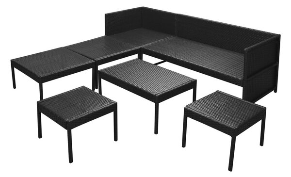 6-részes fekete polyrattan kerti bútorszett párnákkal