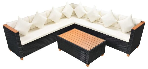 5-részes fekete polyrattan kerti bútorszett párnákkal