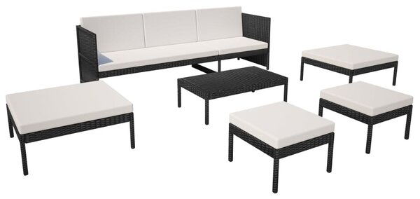 6-részes fekete polyrattan kerti bútorszett párnákkal