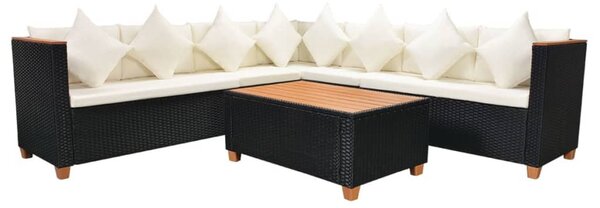 5-részes fekete polyrattan kerti bútorszett párnákkal