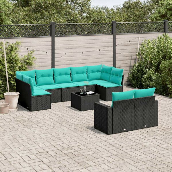 10 részes fekete polyrattan kerti ülőgarnitúra párnával