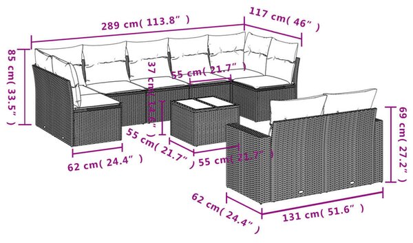 10 részes fekete polyrattan kerti ülőgarnitúra párnával