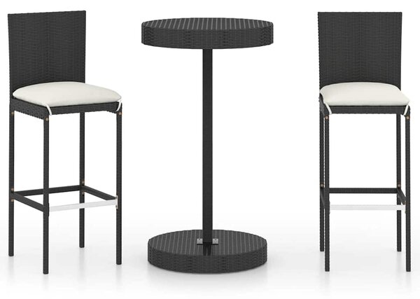 3 részes fekete polyrattan kültéri bárszett párnákkal