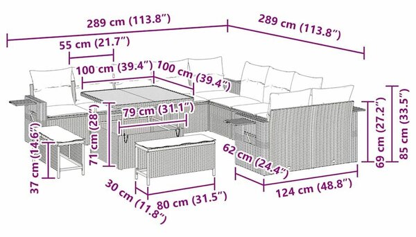 13 Darabos Kerti Kanapé Szett Párnákkal Szürke Poli Rattan Akáciával
