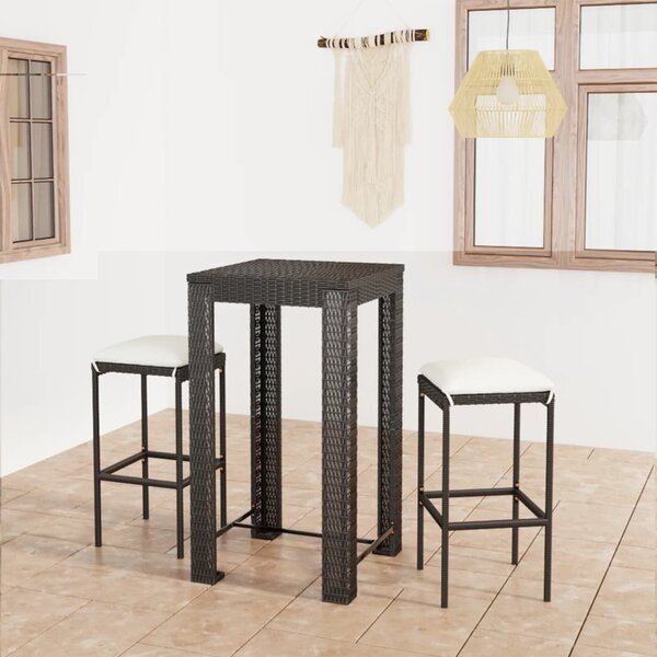 3 részes fekete polyrattan kültéri bárszett párnákkal