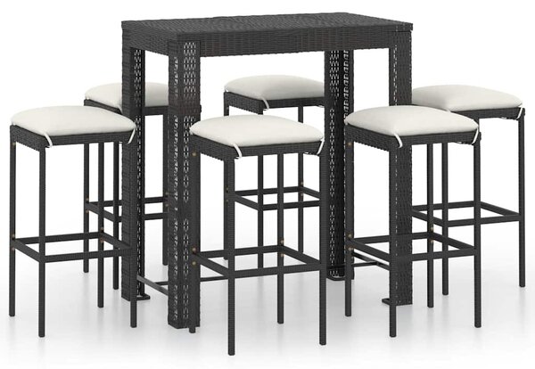 7 részes fekete polyrattan kerti bárszett párnákkal