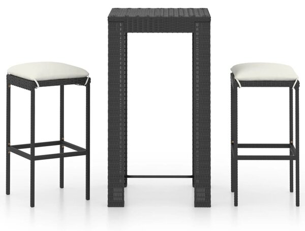 3 részes fekete polyrattan kültéri bárszett párnákkal