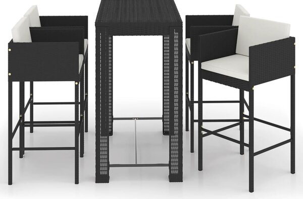 5 részes fekete polyrattan kerti bárszett párnákkal