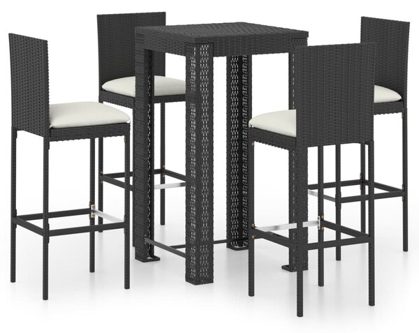 5 részes fekete polyrattan kültéri bárszett párnákkal