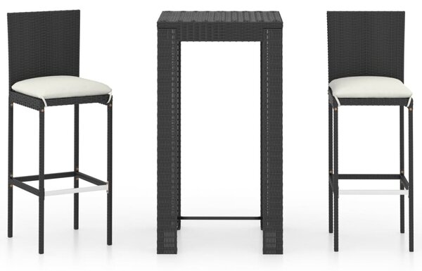 3 részes fekete polyrattan kültéri bárszett párnákkal