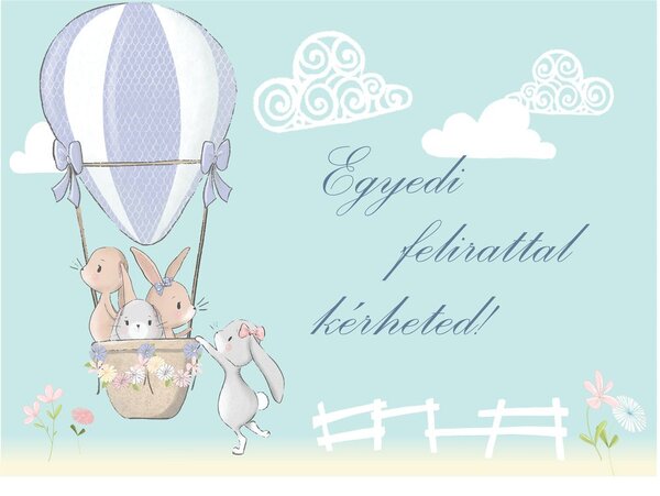 Hőlégballonos nyuszik, kislány fán hintázik poszter, egyedi felirattal - 300 x 200 cm