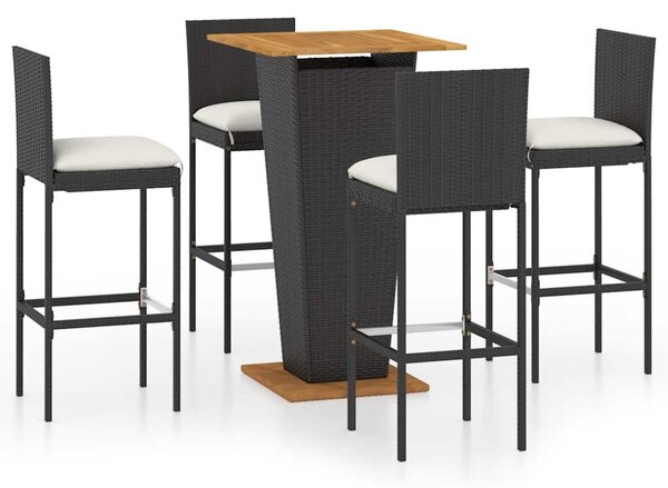 5 részes fekete polyrattan kerti bárszett párnákkal