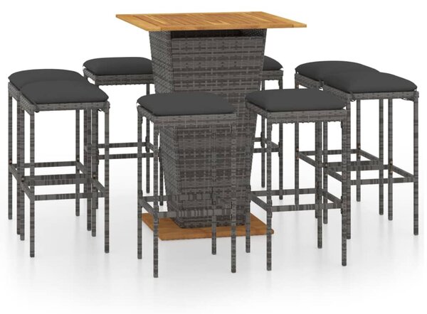 9 részes szürke polyrattan kerti bárszett párnákkal