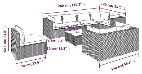 Polyrattan Kerti Ülőgarnitúra - 9 részes - Fekete - Türkiz