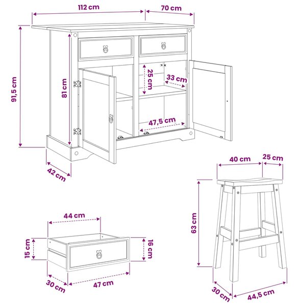 VidaXL Konyhai sziget szett 3 db CORONA Mézes Viasz 112 x 70 x 91,5 cm